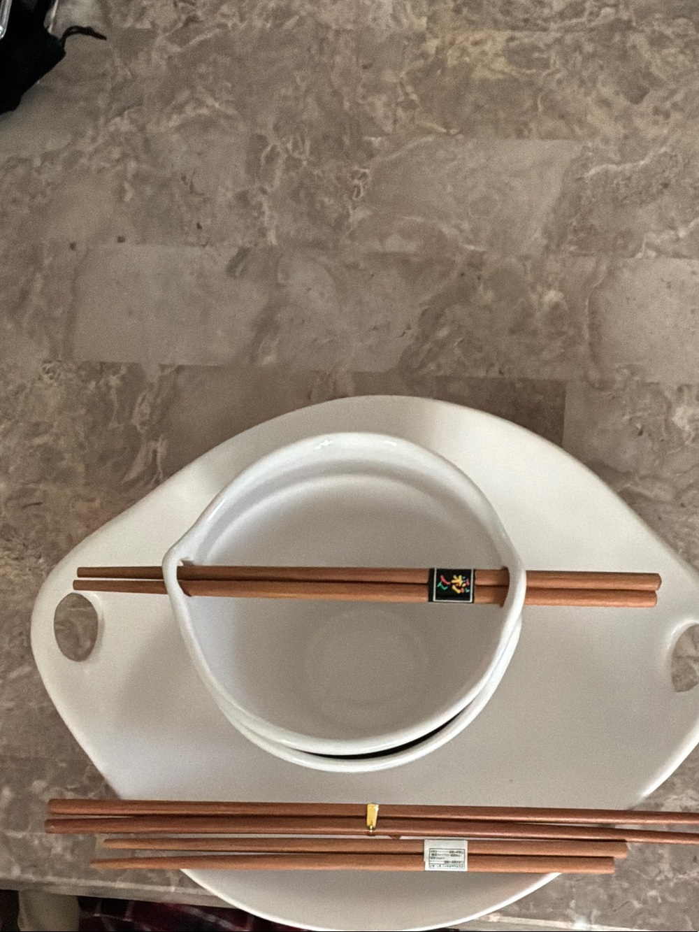 White Ceramic Serving Bowl with 2  Noodle Bowls & Chopsticks